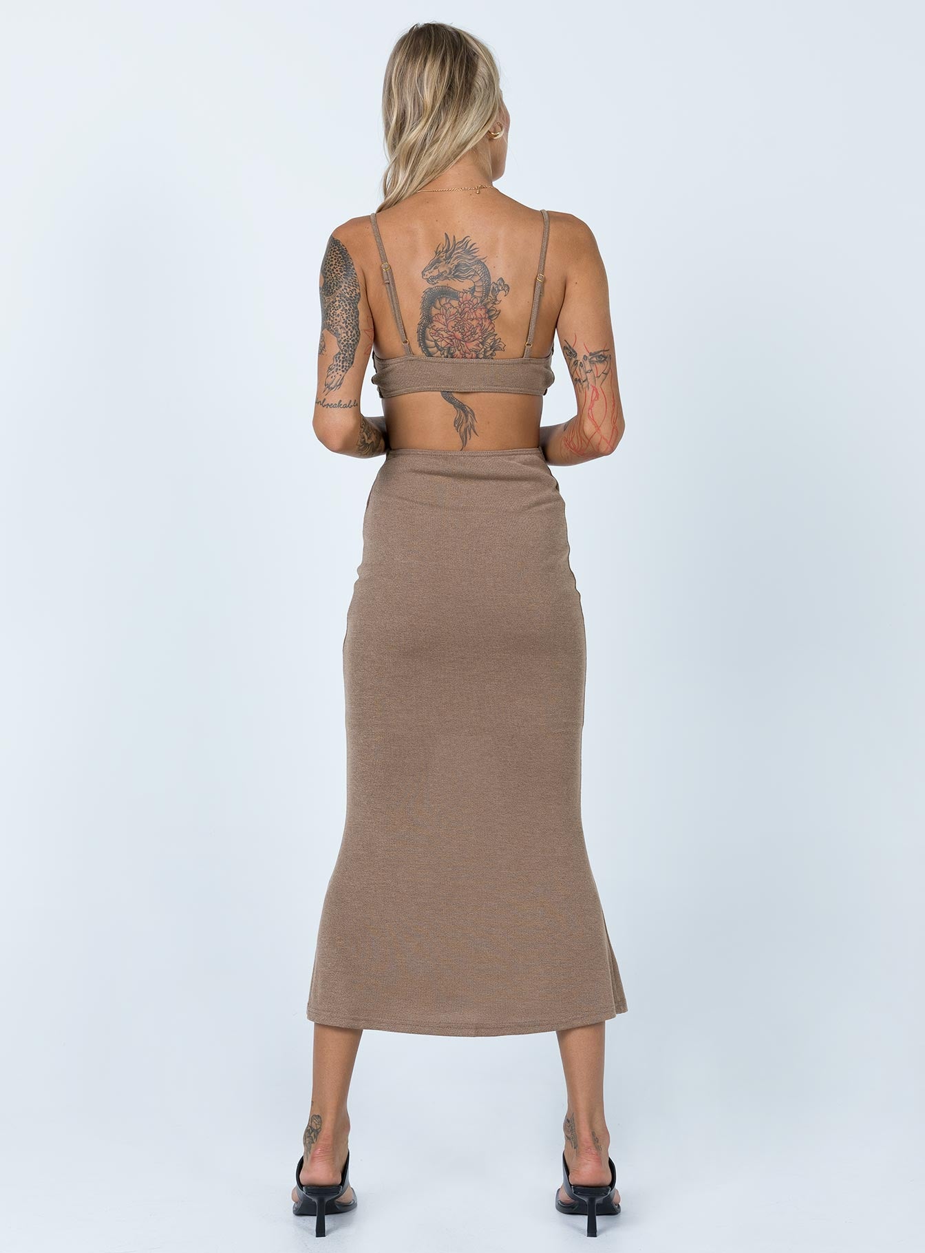 back view of model wearing Princess Polly Jocelyn Cut Out Midi Dress Brown 