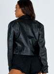 Cropped biker jacket Asymmetric zip fastening Double point collar Front zip pockets Lapels on shoulders Attached belt at waist Silver coloured hardware Vegan leather material Fully lined