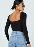 back view of model wearing Princess Polly Charlotte Bodysuit Black Tall Full Sleeves Square Neck 