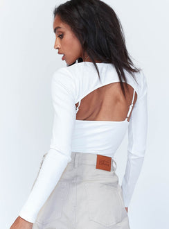 back view of model wearing Princess Polly Calla Long Sleeve Bodysuit White Full Sleeves Crew Neck 