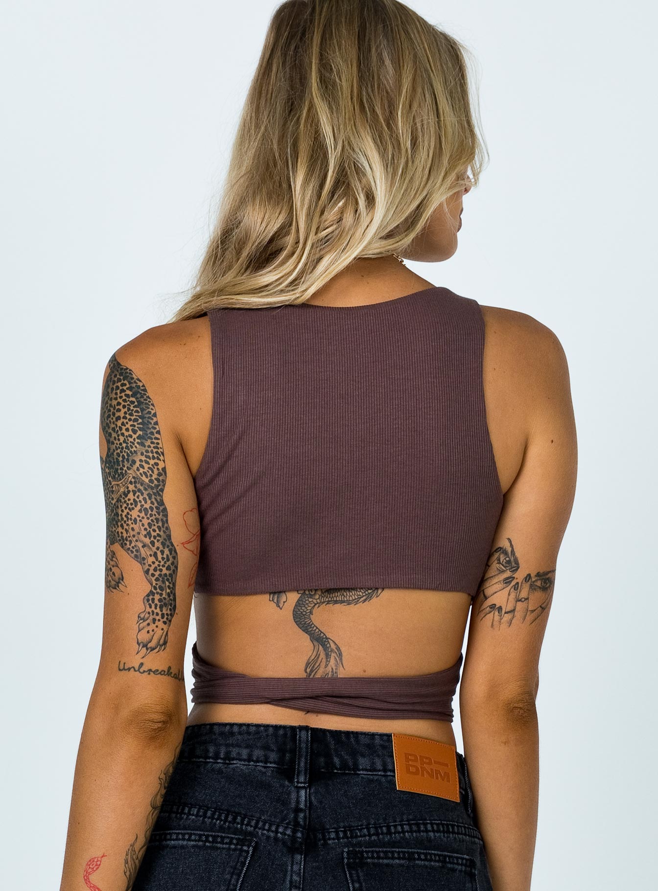 back view of model wearing Princess Polly Jaye Top Brown 