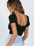 back view of model wearing Princess Polly Haya Bodysuit Black Short Sleeves Square Neck 