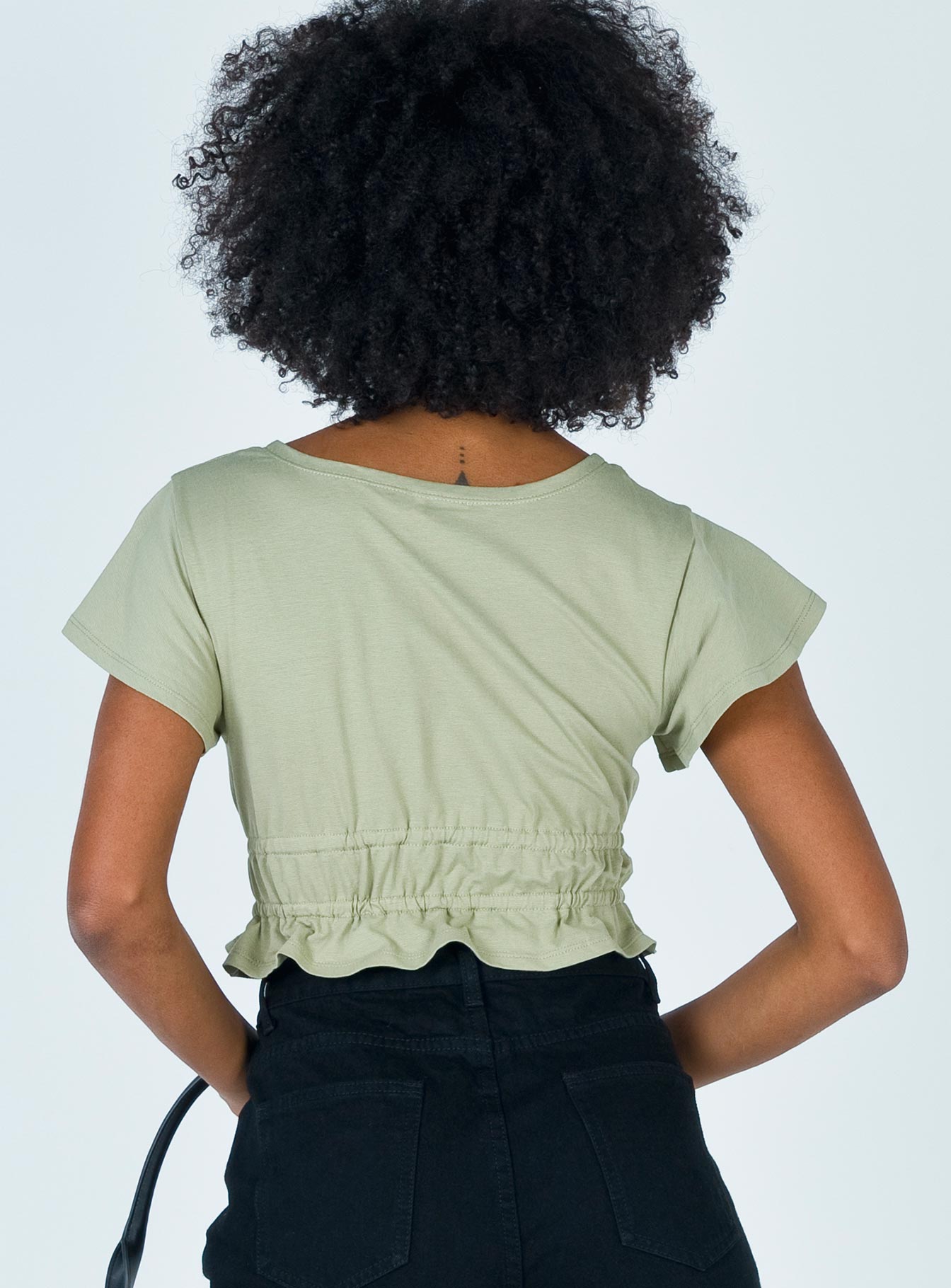 back view of model wearing Princess Polly Jamison Reid Crop Top Khaki 