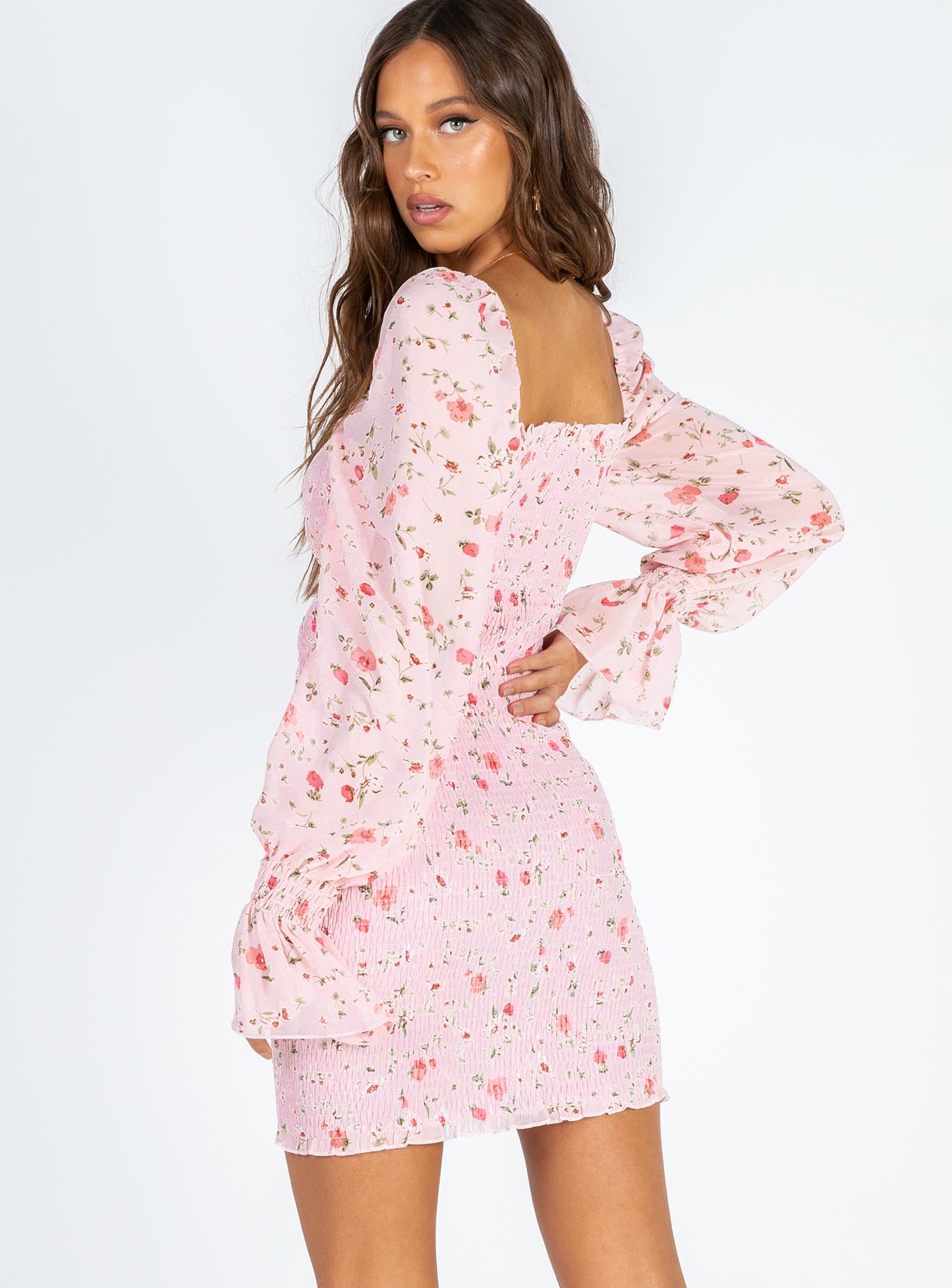 side view of model wearing Princess Polly Wild Flowers Mini Dress Pink 