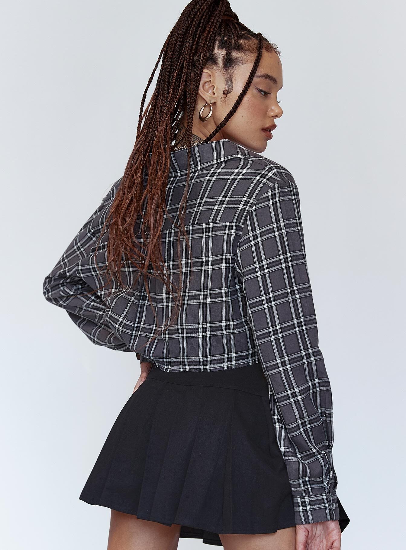 back view of model wearing Princess Polly Nora Cropped Shirt Grey 