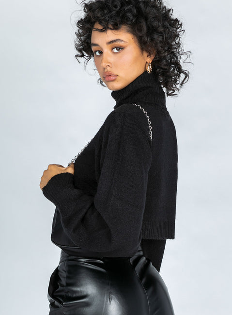 Front view of model wearing  front Zahara Cropped Turtleneck Sweater Black Princess Polly  