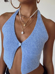 Crop top Knit material  Fixed halter neck  V neckline  Button front fastening 