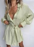 front view of model wearing Princess Polly Bilari Textured Fabric Shirt Dress Green V-Neck 