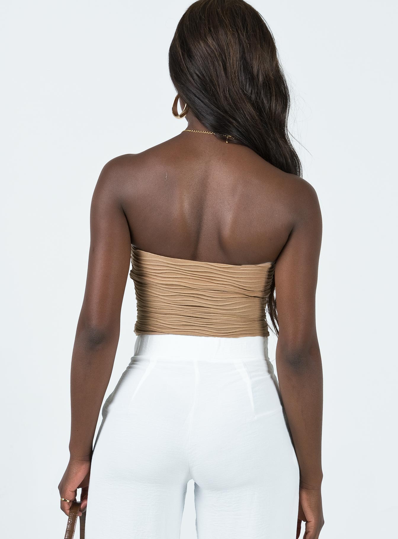 back view of model wearing Princess Polly Makena Strapless Bodysuit Beige Sleeveless straight 