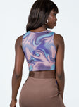 back view of model wearing Princess Polly Adalyn Bodysuit Brown Multi Sleeveless Plunger 