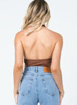 back view of model wearing Princess Polly Kylan Bodysuit Brown Sleeveless Plunger 