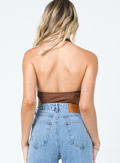 back view of model wearing Princess Polly Kylan Bodysuit Brown Sleeveless Plunger 