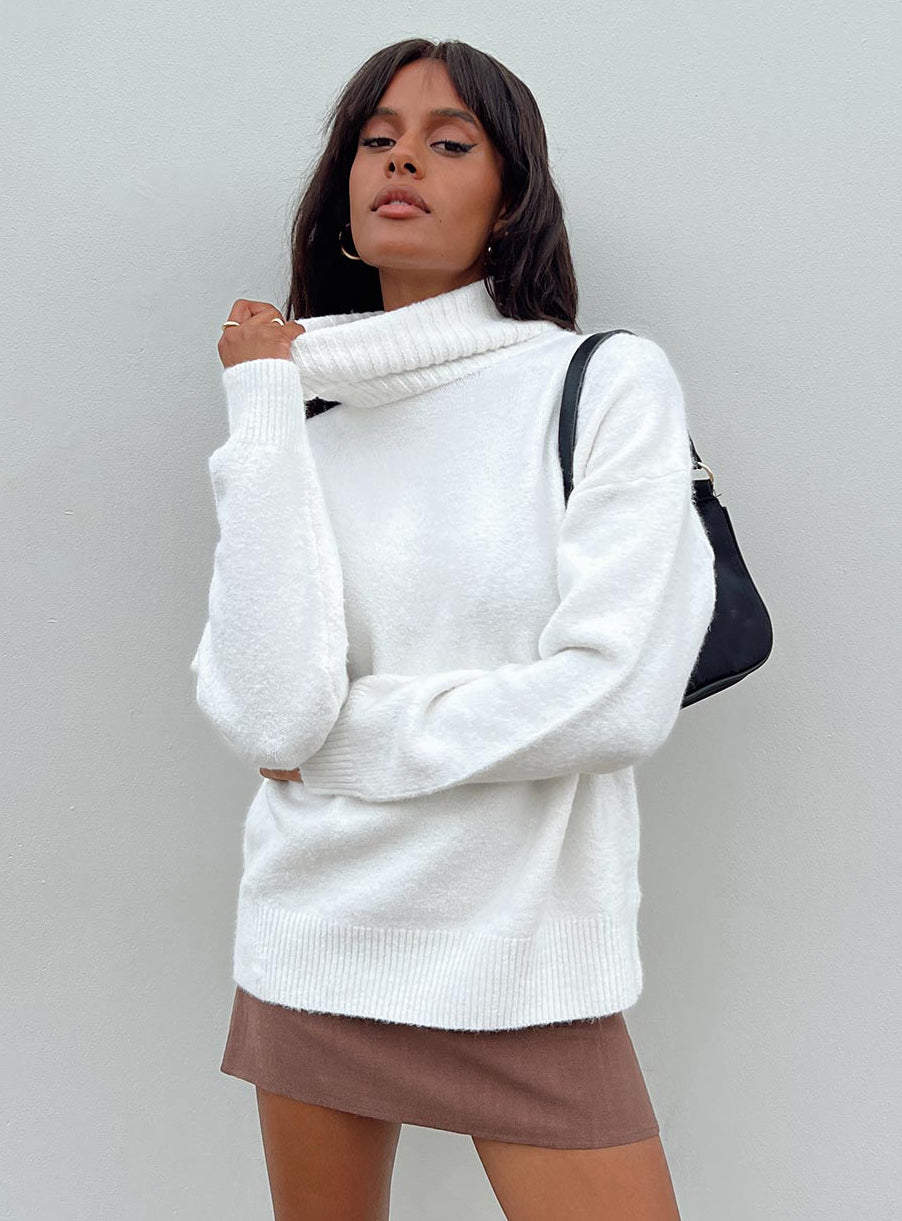 side view of model wearing Princess Polly Oswin Turtleneck Sweater White Long 