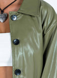 Green jacket Faux leather jacket Pointed collar Button fastening at front Twin hip pockets Single button cuff