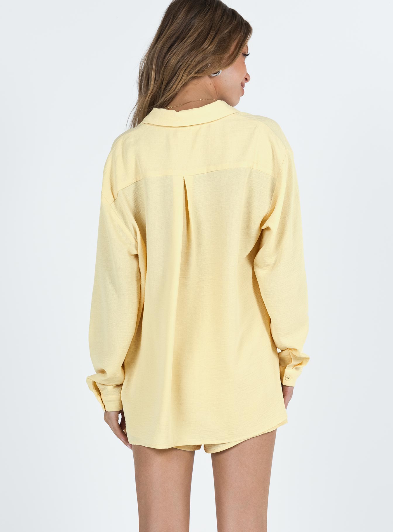 Yellow shirt and shorts set Button up shirt Classic collar High waisted shorts Elasticated drawstring waist