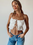 White crop top Sheer material  Fixed shoulder straps  Adjustable coverage Double tie fastening at front  Elasticated underbust band  Frill hem 