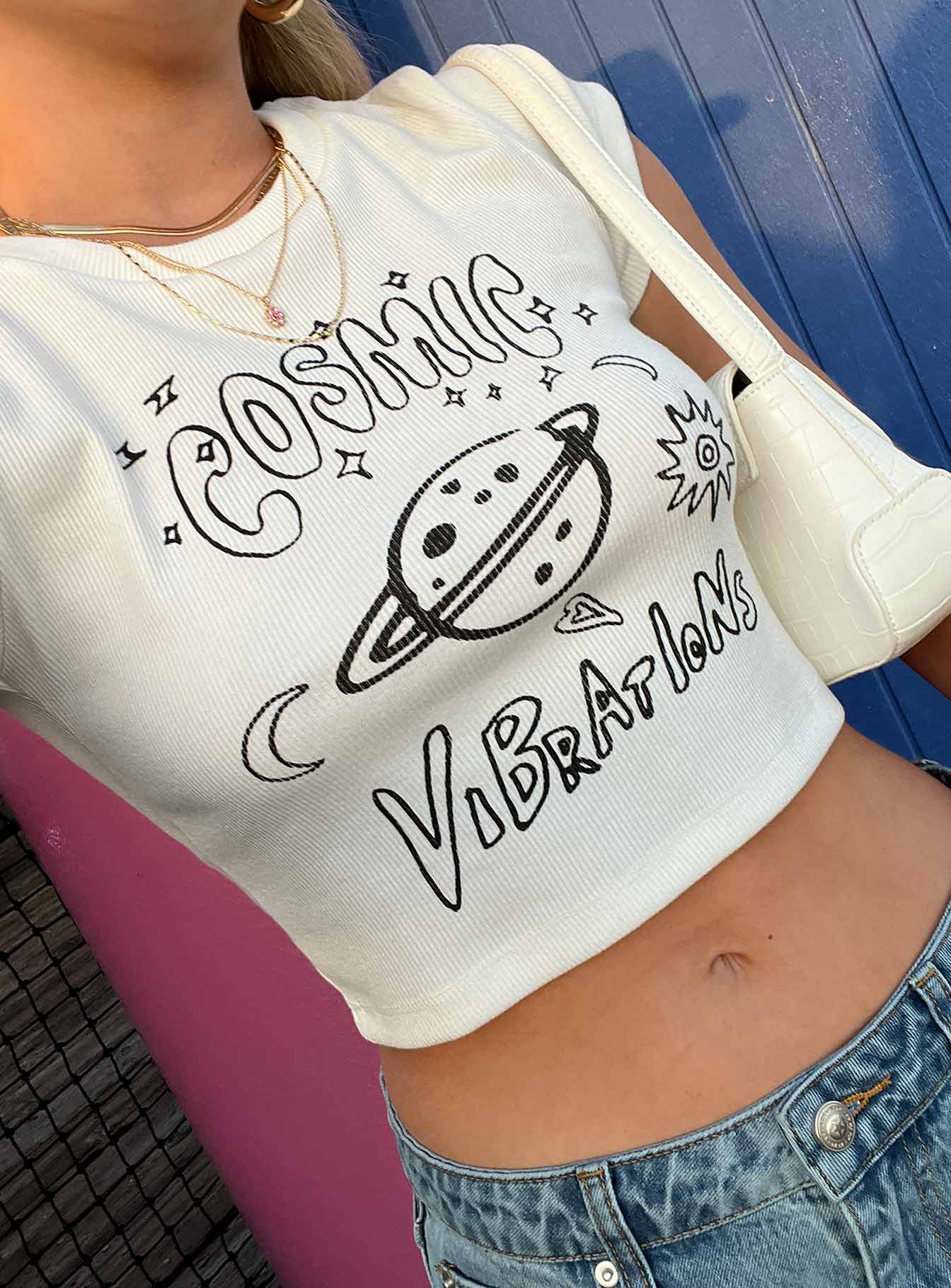 product Princess Polly Short Sleeves Square Neck  Cosmic Vibrations Cropped Tee White