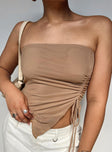 Beige strapless top Mesh material Inner silicone strip at bust Adjustable ruching at side Asymmetrical pointed hem