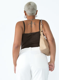 back view of model wearing Princess Polly Benjamin Bodysuit Brown Sleeveless Square Neck 
