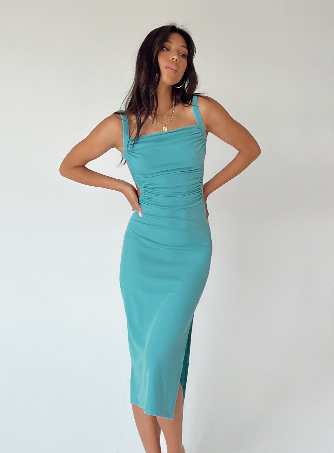 Front view of model wearing  front Princess Polly Asymmetric Neckline  Lainey Midi Dress Blue