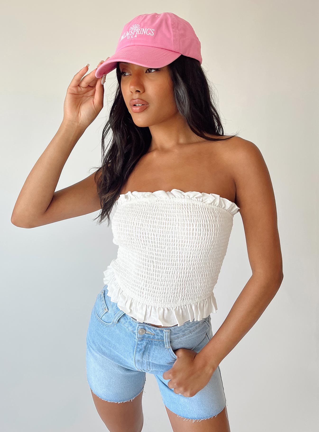 front view of model wearing Princess Polly Rosemont Top White Sleeveless Square Neck 