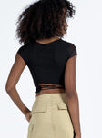Crop top Mesh material Cut out at front Lace up detail with tie fastening at back Good stretch Partially lined