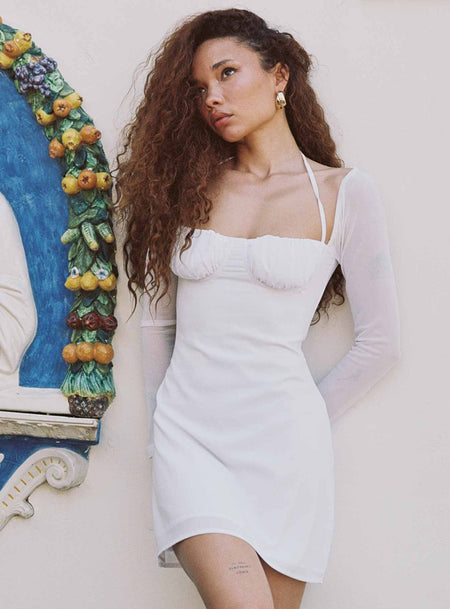 Princess Polly Square Neck  Dyer Sheer Sleeve Mini Dress White Low Impact