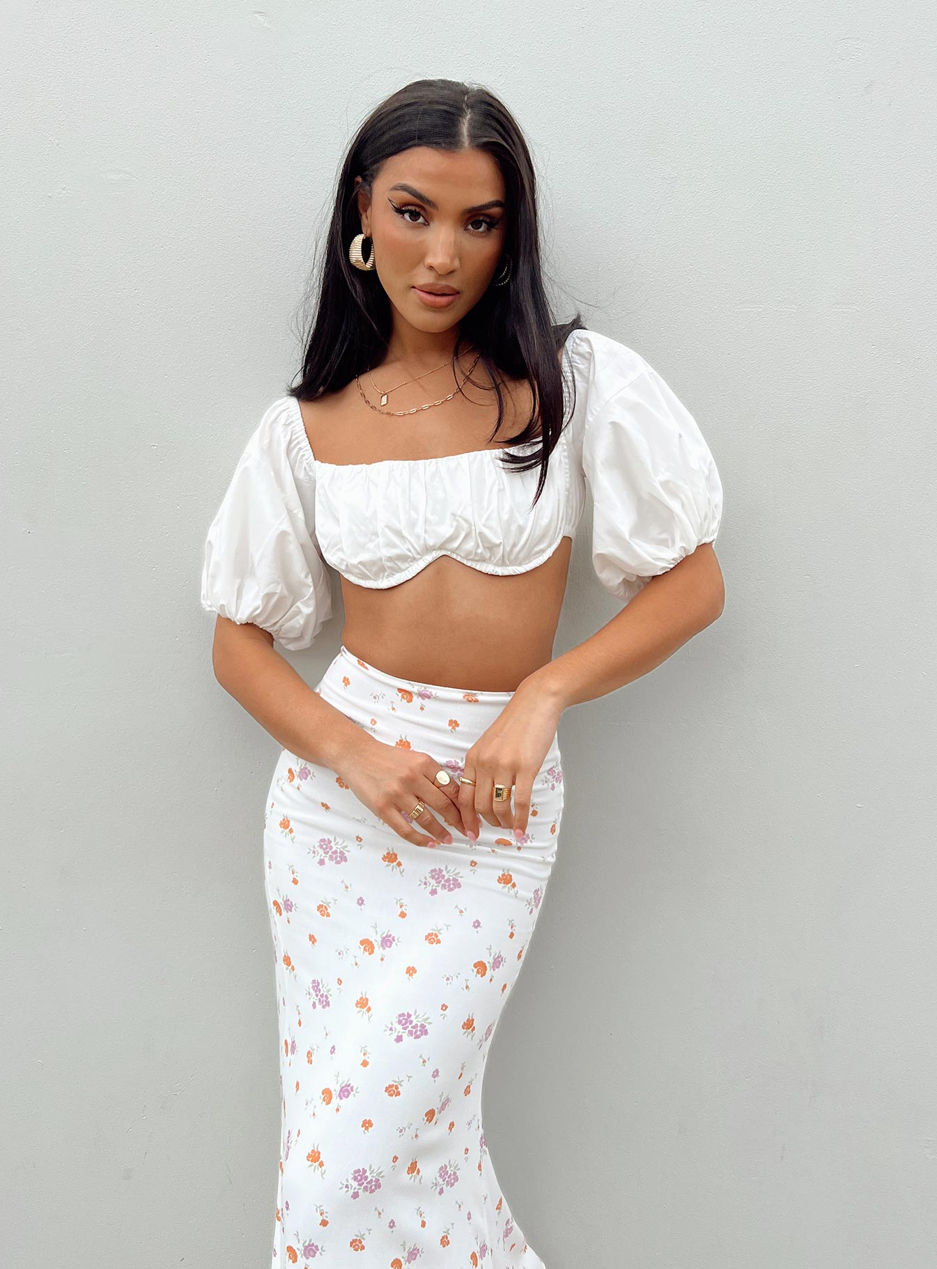 Front view of model wearing  front Princess Polly Half Sleeves Sweetheart  Made In Heaven Top White