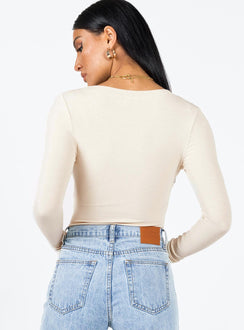 back view of model wearing Princess Polly Swenson Long Sleeve Bodysuit Beige Full Sleeves Crew Neck 