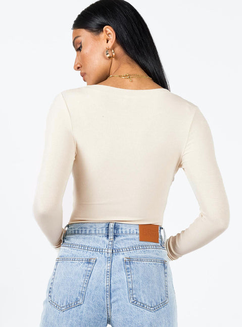 back view of model wearing Princess Polly Swenson Long Sleeve Bodysuit Beige Full Sleeves Crew Neck 