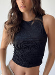 Front view of model wearing  front Princess Polly Sleeveless High Neck  Demar Top Black