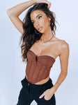 Front view of model wearing  front Princess Polly Sleeveless Asymmetric Neckline  Hawker Top Brown