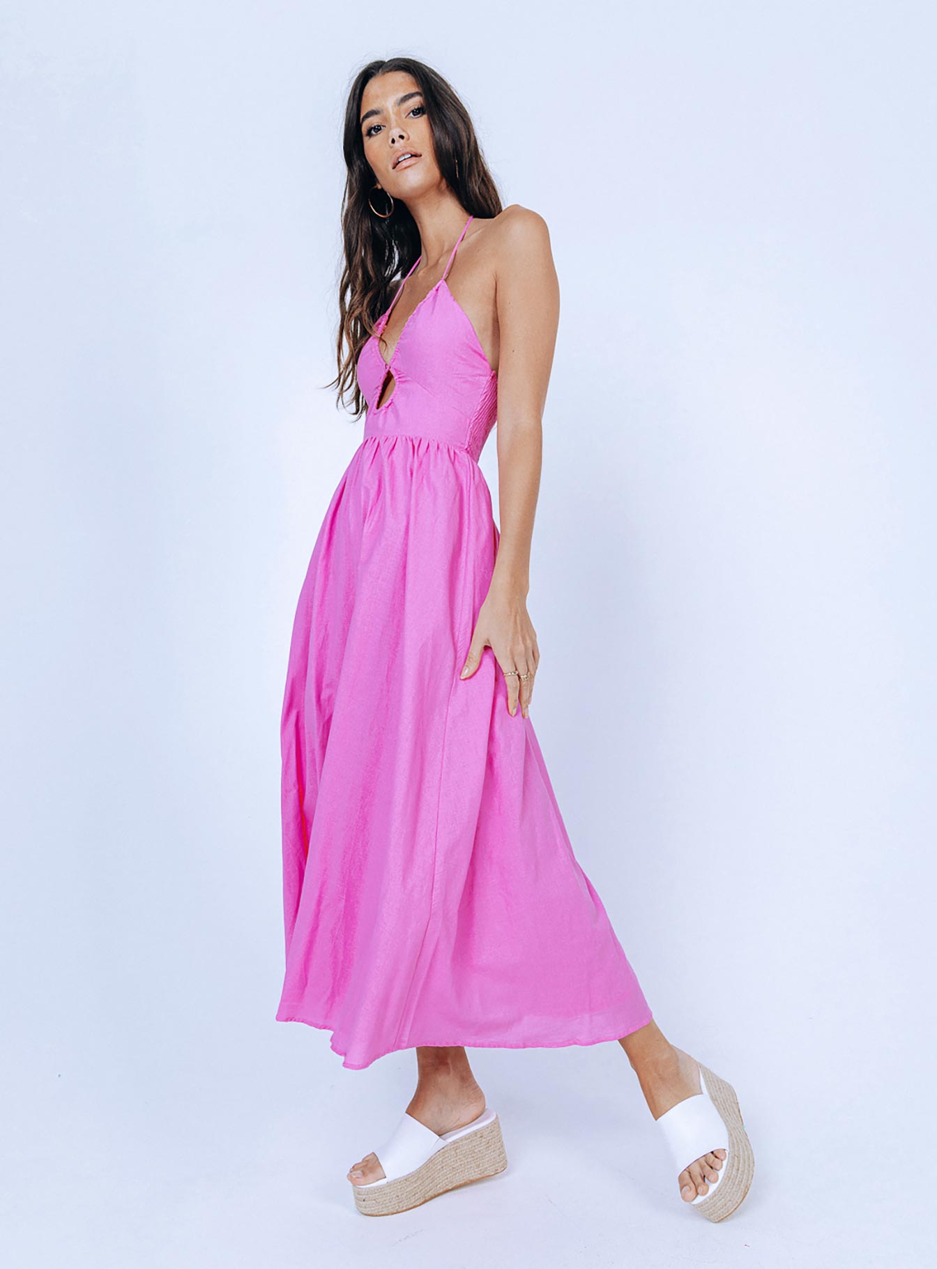 Front view of model wearing  front Princess Polly Crew Neck  Nardin Midi Dress Pink