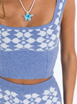 Blue crop top Soft knit material Printed design Square neckline Fixed straps Good stretch Unlined