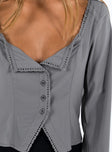 Front view of model wearing  front Princess Polly Full Sleeves Square Neck  Carila Lace Voile Sheer Top Grey