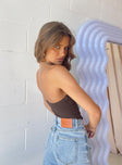 side view of model wearing Princess Polly Organic Aston Strapless Bodysuit Brown Sleeveless Sweetheart 