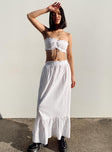Matching set Linen look material  Strapless top  Ruffle trimming  Adjustable tie ruching at bust  Shirred back High waisted maxi skirt 