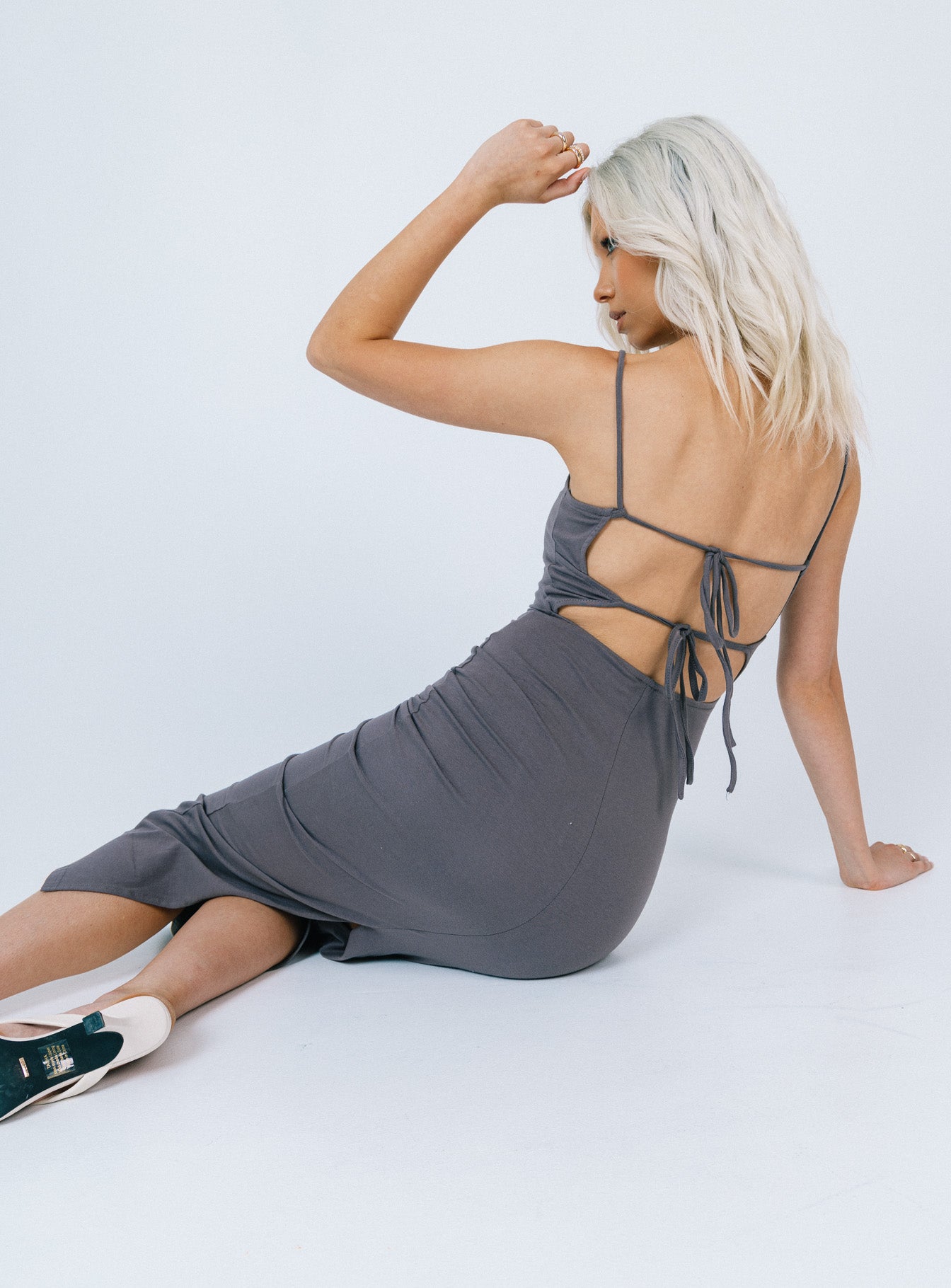 back view of model wearing Princess Polly Elle Open Back Midi Dress Grey Scoop Neck 