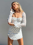 Mini dress Floral print Wired cups Halter neck tie fastening Sheer mesh sleeves Invisible zip fastening at back Side slit