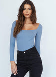 front view of model wearing Princess Polly Charlotte Bodysuit Blue Full Sleeves Square Neck 