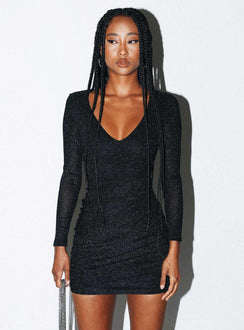 Front view of model wearing  front Princess Polly Scoop Neck  Monika Long Sleeve Mini Dress Black