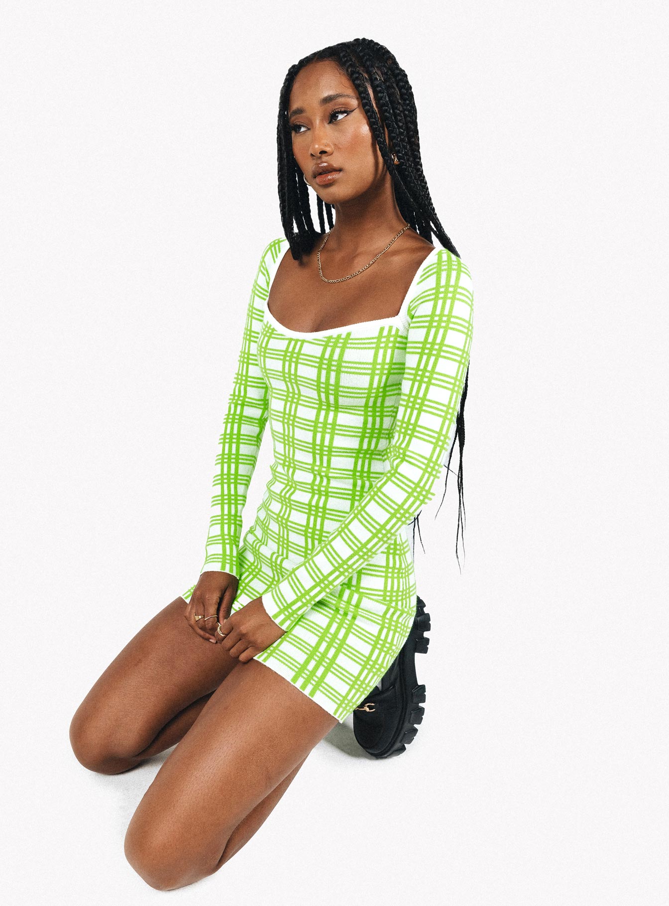 Front view of model wearing  front Princess Polly Crew Neck  Sybil Long Sleeve Mini Dress Green / White