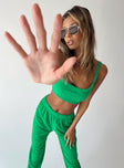 Green matching set Terry towelling material Crop top Invisible zip fastening at side Pants Elasticated waistband & cuffs