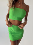 Green matching set Textured material  Strapless top  Inner silicone strip at bust  High-waisted mini skirt  Invisible zip fastening at side 