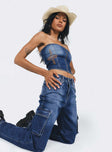 Strapless top Denim material  Inner silicone strip at bust  Stitched graphic  Zip fastening at front  Lace-up back 