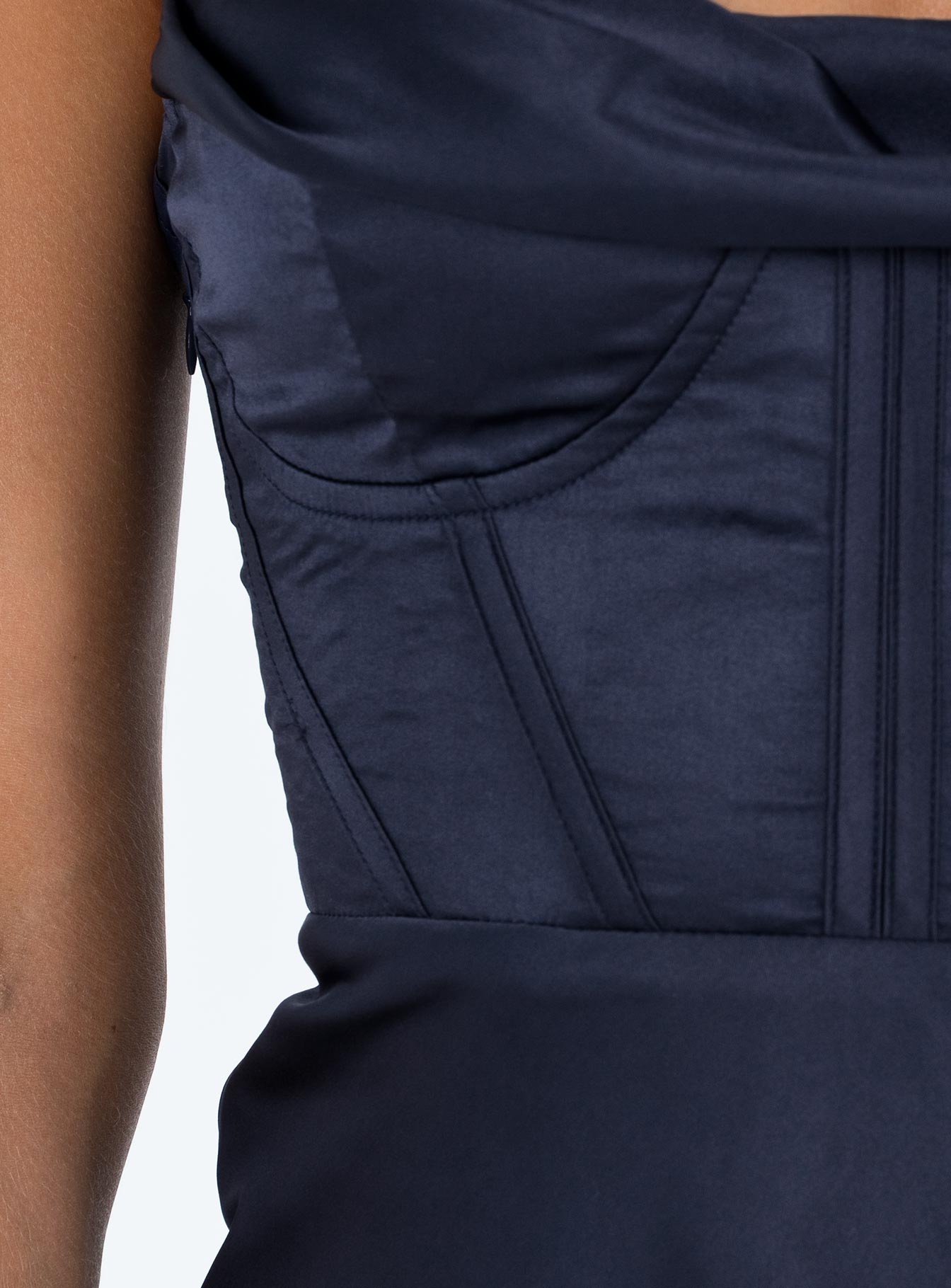 Front view of model wearing  front Princess Polly Cowl Neck  Spotlight Mini Dress Navy