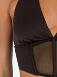 Crop top Sheer mesh material  Halter neck tie fastening  Plunging neckline Boning through waist  Good stretch   Lined bust 