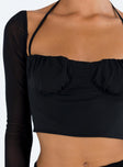 Black long sleeve crop top Halter neck tie Wired cups  Ruching at bust Sheer mesh sleeves  Invisible zip fastening at side