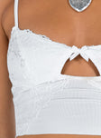 White top Lace material Adjustable shoulder straps V neckline Keyhole cut out Good stretch Lined bust