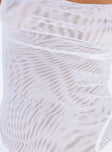 White maxi dress Sheer mesh material Elasticated shoulder straps Cowl neckline Layered soft pleat hem Good stretch Mesh lined